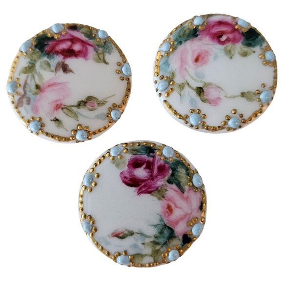 Antique Bone China Round Buttons, Self Shank, Hand Painted Roses, Pink, Blue - Picture 1 of 9